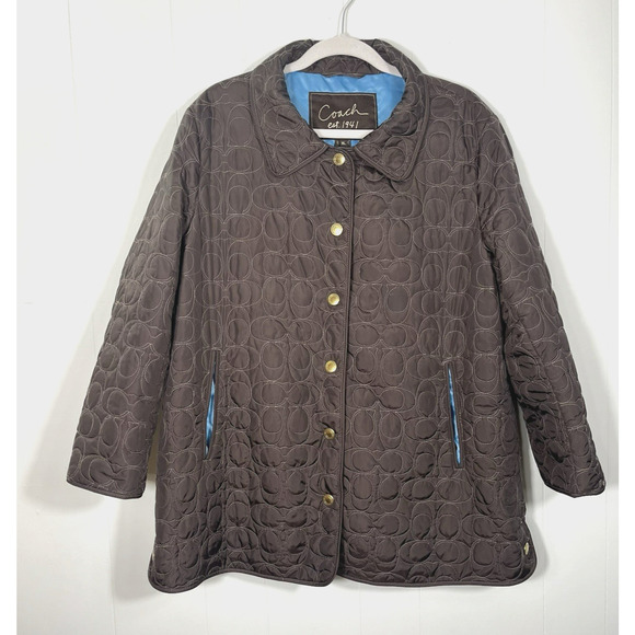 Coach Button Front Quilted Signature Brown Monogram Coat Blue Lining Pockets XL - Picture 1 of 16
